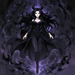 style of madhouse anime : : gorgeous willa holland : : evil witch, swirling black magic : : symmetrical face, symmetrical eyes : : full body pose : : gorgeous black hair : : magic lighting, low spacial lighting : :