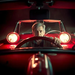 color photo of jay leno driving christine, a 1 9 5 8 red plymouth fury, horror, stephen king, christine's head lights are glowing eerily.
