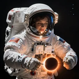 Hyper Realistic Physchedlic Astronaut in space with a Solar Eclipse in the foreground.