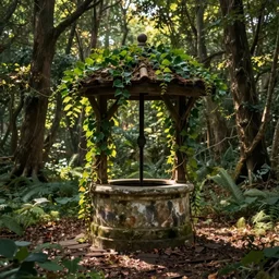 an old well in the middle of a forest clearing, with vines growing on it