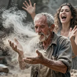 o hyper realistic photo of a weathered old man, feedback loop, burst of powders, spraying liquid, volumetric lighting, twisting vapour, bellowing dust, emerging hands and beautiful woman's screaming face, full colour, upscale, 4 k