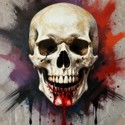 skull centered facing the camera, blood pouring out from its mouth, mortal kombat, spray paint