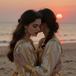 woman love woman, sweet hugs, royal dress, gold trim, atmoshperic, elegant, sharp focus, sand sea, red sun, huge lips, close - up, by 3 8 0 light & color female reference pictures, trending on artstation, intricate details