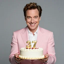 bob odenkirk, grinning, pink suit, holding a birthday cake, candles in the shape of the number 3 7, studio photograph, cinematic lighting