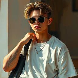 an hyper intricate oil painting of gen z model wearing a fashion outfit with a clean t - shirt for mockups, full body ultra fashion model pose by vogue, excellent composition, by yoshitaka amano, by greg rutkowski, by alphonse mucha, by rhads, by ross tran, trending on artstation