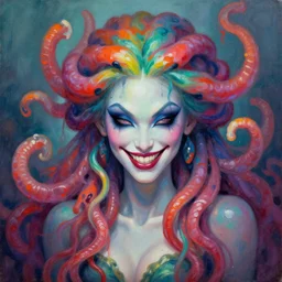 medusa portrait painting, vibrtant, colorful, wicked smile, artstation, detailed, blurred background