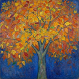 a painting of autumn leaves on a tree, in the style of chagall