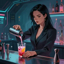 Jill Stingray, VA-11 Hall-A, digital painting, cyberpunk, bartending, dark hair, suit, mixing drinks