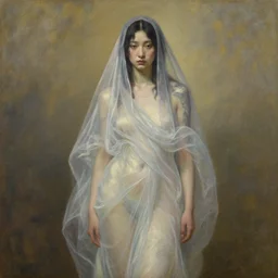 loose painting of a sad fragile beautiful veiled tattoo asian girl covered in translucent flowing dress, endless flowing ethereal drapery, classical greece, alla prima, oil painting, by giovanni strazza, sargent and raffaelo monti, arranged in the golden ratio, epic composition, face fully visible, trending in artstation