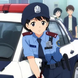 anime visual, portrait of a japanese police woman in leaning against her patrol car, cute face by ilya kuvshinov, yoshinari yoh, makoto shinkai, katsura masakazu, dynamic perspective pose, detailed facial features, kyoani, rounded eyes, crisp and sharp, cel shad, anime poster, ambient light