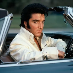 hyper realistic, high detail photo of elvis presley driving cadillac, beautiful, dreary lighting
