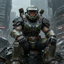character portrait of a big beefy bulky female warrior wearing mjolnir mk 6 armor from halo infinite sitting down in a desolate cyberpunk wasteland city, symmetrical face details, realistically rendered eyes, 8 k, ultra realistic, realistic shading, concept art, digital painting, illustration, matte painting, moody lighting, good value control, sharp focus, minimal artifacts, wet, rain, rainstorm