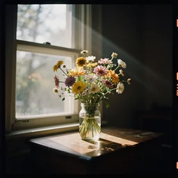 kodak portra 4 0 0, wetplate, extreme fish eye, moody still life 1 8 4 5 portrait by charles sheeler of a single jar filled with flowers, sparkling jewels between a sunlit window, in bright warm sunlight, godrays shinging through the window, golden summer, muted colours, haze, trees outside, no people