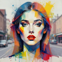 abstract portrait of a beautiful girl, city in the background, beautiful abstract face, rule of thirds, face symmetry, colourful spray paint splatters, expressive, abstract art, by greg rutkowski, by jeremy mann, by francoise nielly, 4 k, 8 k, correct body proportion, cinematic style