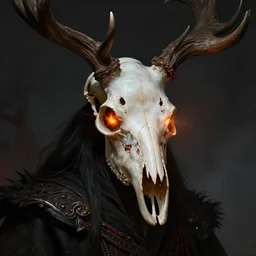 demon in the pits of hell with a deer skull as head, ember glowing in eye sockets, headshot photo, character concept, dark souls concept art, Feng Zhu concept art, dramatic lighting, highly stylized, trending on artstation, high-quality wallpaper, desktopography