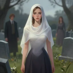 aubrey plaza, cinematic, hunting ghost, in a cemetery, elegant, highly detailed, digital painting, artstation, smooth, hard focus, illustration, art by jessica rossier and and brian froud