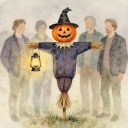 a simple and atmospheric watercolour portrait of a scarecrow with a jack - o - lantern head holding a lantern on halloween, very muted colors, by rebecca guay, michael kaluta, charles vess and jean moebius giraud