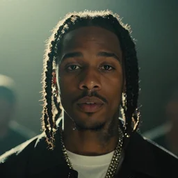 cinematic film still of Playboi Carti, 2022, backlighting, shallow depth of field, Portrait, Split Lighting, close up photograph