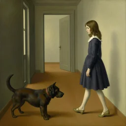 a painting of a girl walking in a hallway and suddenly finds a giant dog on the floor blocking her way, painted by rene magritte