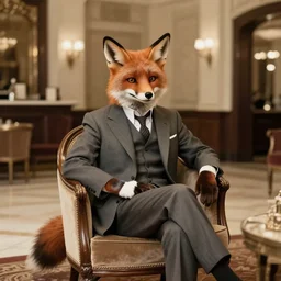 anthropomorphic fox in suit sitting in the lobby of a luxury hotel, anthro, furry, 1 9 2 0 s photograph