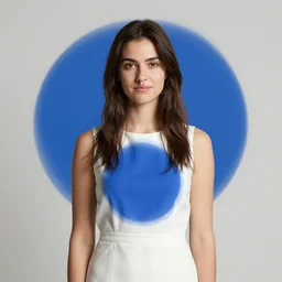 young brunette woman with hooknose wearing blue circle and white dress