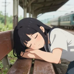 a cute girl on a bench sleeping at an abandoned overgrown train station, establishing shot, close - up focused shot, anime visual render. wlop, rossdraws, detailed anime illustration, detailed stylized portrait, details, 4 4 mm f / 2. 8, iso 1 0 0, 1 / 8 0 0, f / 3. 2