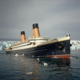 rare photograph of the titanic sinking into the water, half submerged in the water, glaciers in the background, edwardian photo, historic, debris in the water, shot from afar, very grainy, blurry, damaged, dramatic, tragic, night - time, 1 9 0 0, 1 9 1 0 s