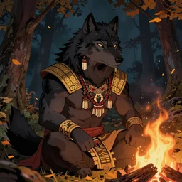 1 9 8 0 s comic style art portrait of an anthropomorphic male black wolf furry tribal chief, wearing tribal garments with gold patterns, in an autumn forest at night, campfire lighting, sharp focus, featured on artstation