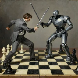 “a renaissance painting of the heroic final sword battle between a boring man in a grey suit and a cyborg robot, the fight is happening on a life sized chessboard.”