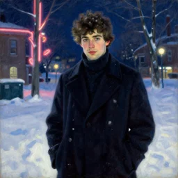 winter, attractive male, neon light, painting by gaston bussiere, craig mullins, j. c. leyendecker