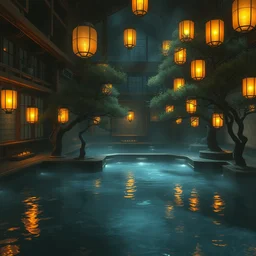 painting of interior of cozy onsen hot spring with floating lanterns by greg rutkowski craig mullins bonsai trees volumetric lighting clear focus fantasy dark atmospheric cinematic lighting, trending on artstation