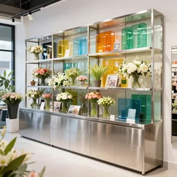 flower retail store, stainless steel and color glass, trending on frame magazine, trending on archidaily, bright light enviroment, contemporary art and sculpture style furniture design, trending on artstation, octane rendering, like art gallery