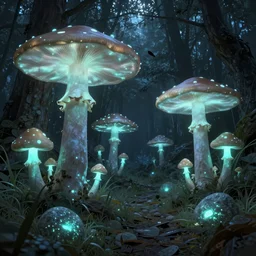 a forest of giant luminous mushrooms, lush grey grass and glowing stones on the forest floor, dark ambient environment lighting, by greg rutkowski by greg tocchini by james gilleard, concept art, digital art, 8 k, hdr, fantasy, dark fantasy, trending on artstation, intricate