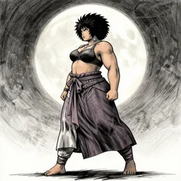 , female plus size instagram skirt model in afro samurai anime style, full body profile, dynamic wide angle lens, manga style, greg rutkowski, pencil and ink, full moon lighting, fully clothed