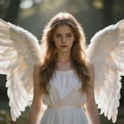 centered  waist up portrait of an angel, bokeh + DOF + 8k, photorealistic + rendered in vray + ultra realistic + backlit + strong rim light + HDRI, HD, Photoreal , by Andon Hristov, trending on artstation