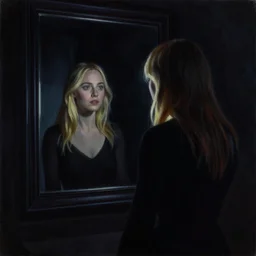 silhouette of a Elle Fanning gazing in a mirror, pitch black room, extremely detailed masterpiece, oil on canvas, low-key neon lighting, artstation, Blade Runner 2049, Roger Deakin’s cinematography, by J. C. Leyendecker and Peter Paul Rubens,