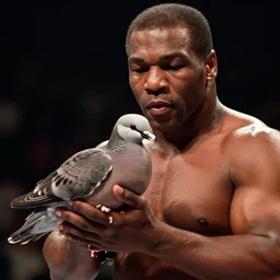 a cinematic film still of Mike Tyson holding a Piegeon, 40mm lens, shallow depth of field, close up, split lighting, cinematic