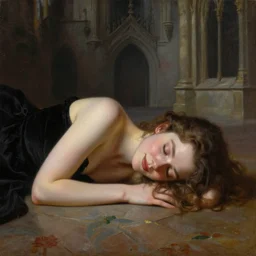 portait of elegant and beautiful sleeping girl, with joyful expression, sleep on the mable floor in the gothic castle, oil painting, high qulity realistic, hd, 8 k, art by evan wilson