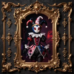 baroque bedazzled gothic royalty frames surrounding a pixelsort emo demonic horrorcore japanese jester harlequin doll, low quality sharpened graphics, remastered chromatic aberration