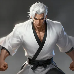 a highly detailed illustration of white haired fierce asian man with short white hair parted down middle, wearing white kimono with black shirt, with black sclera eyes, heroically battle posing, muscular, intricate, elegant, highly detailed, centered, digital painting, artstation, concept art, smooth, sharp focus, league of legends concept art, WLOP