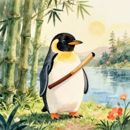 Penguin holding an nunchaku standing in the middle of an bamboo forest next by a lake with beautiful sea flowers, warm ambient light, watercolored