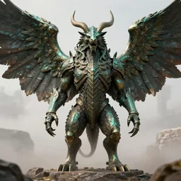 the forgotten beast Warosp Tabauja, a HUge humanoid composed of bronze, it has wings and it undukates rhythmically
