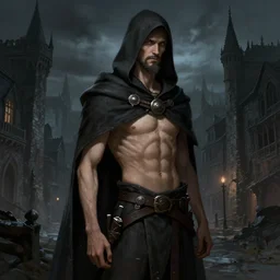 4 0 years old man, skinny, slim : : goatee beard : : hooded cloak : : medieval city, night, dark, grim, high detail, digital art, rpg, illustration