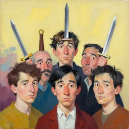 greg manchess portrait comical faces of people with swords falling on their heads, organic painting, sunny day, matte painting, bold shapes, hard edges, street art, trending on artstation, by huang guangjian, gil elvgren, ruan jia, randy vargas, greg rutkowski