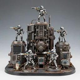 airbrush macro of 4 character, tiered grimy medical table god machines, cluster tiered heirarchy, battle failure, mainframe hydrocracking battles, medically chromed overall, oppressive dystopian space station dissapointment, by wayne d barlowe, enric torres, alberto bontempi, feng zu, geof darrow, alex nino, boris vallejo, enric torres