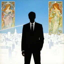 a man in black suit, white city, clear blue sky, pink floyd album cover, 1 9 7 0's, by beksinski, bruegel, greg rutkowski, alphonse mucha, and yoshitaka amano, colorful flat surreal design, hd, 8 k, artstation