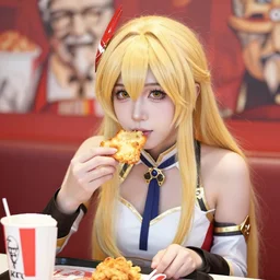 portrait photo still of adorable real life lucina!!! fire emblem!! eating in a kfc, 8 k, 8 5 mm f 1. 8