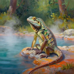 highly detailed oil painting of a lizard man sitting in a steaming colorful hotspring with woodland forest backdrop, featured on artstation