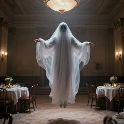 a phantom hovers inside of a banquet hall. dramatic soft color lighting ( 1 9 8 4 ).