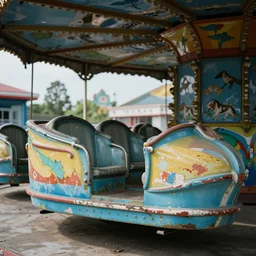 close up of an abandoned theme park ride with decaying paint